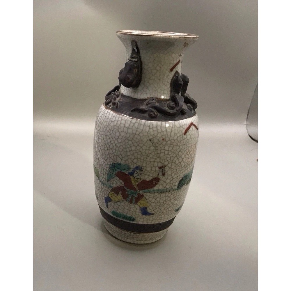 Chinese Crackle Glaze‎ Vase Signed 7" Tall Warrior Vase Couple Chips See Pics
